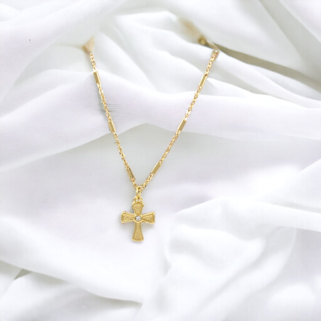 Woman Cross 1 Zircon Square design Necklace Gold Plated 24K