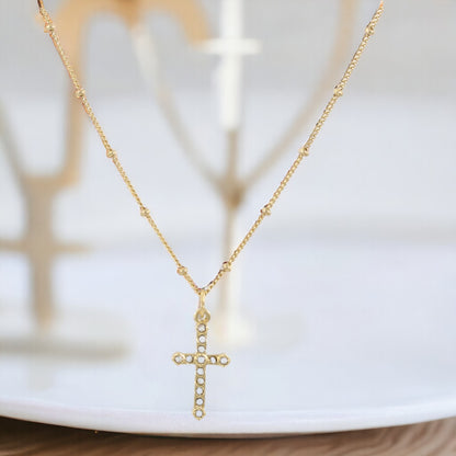 Woman Cross  Zircons dots design Necklace Gold Plated 24K