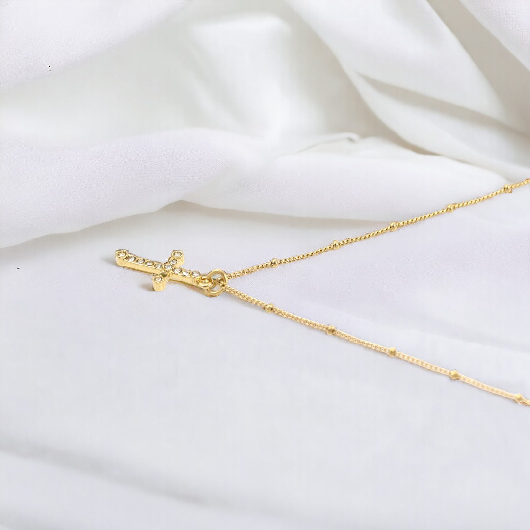 Woman Cross  Zircons dots design Necklace Gold Plated 24K