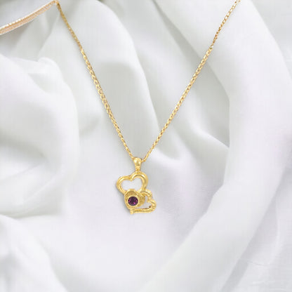 Two Hearts Purple Zircon Necklace Real Gold Plated 24K