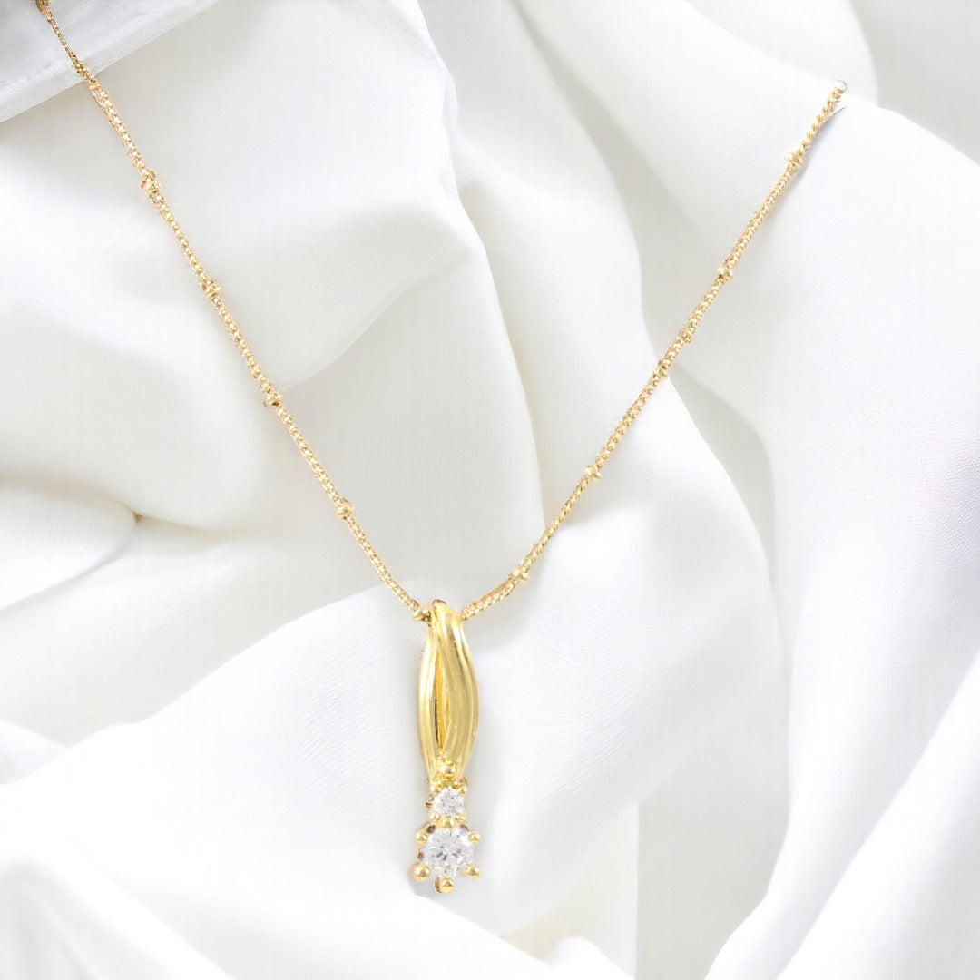 Long Charm 2 Zircon Necklace Gold Plated 24K