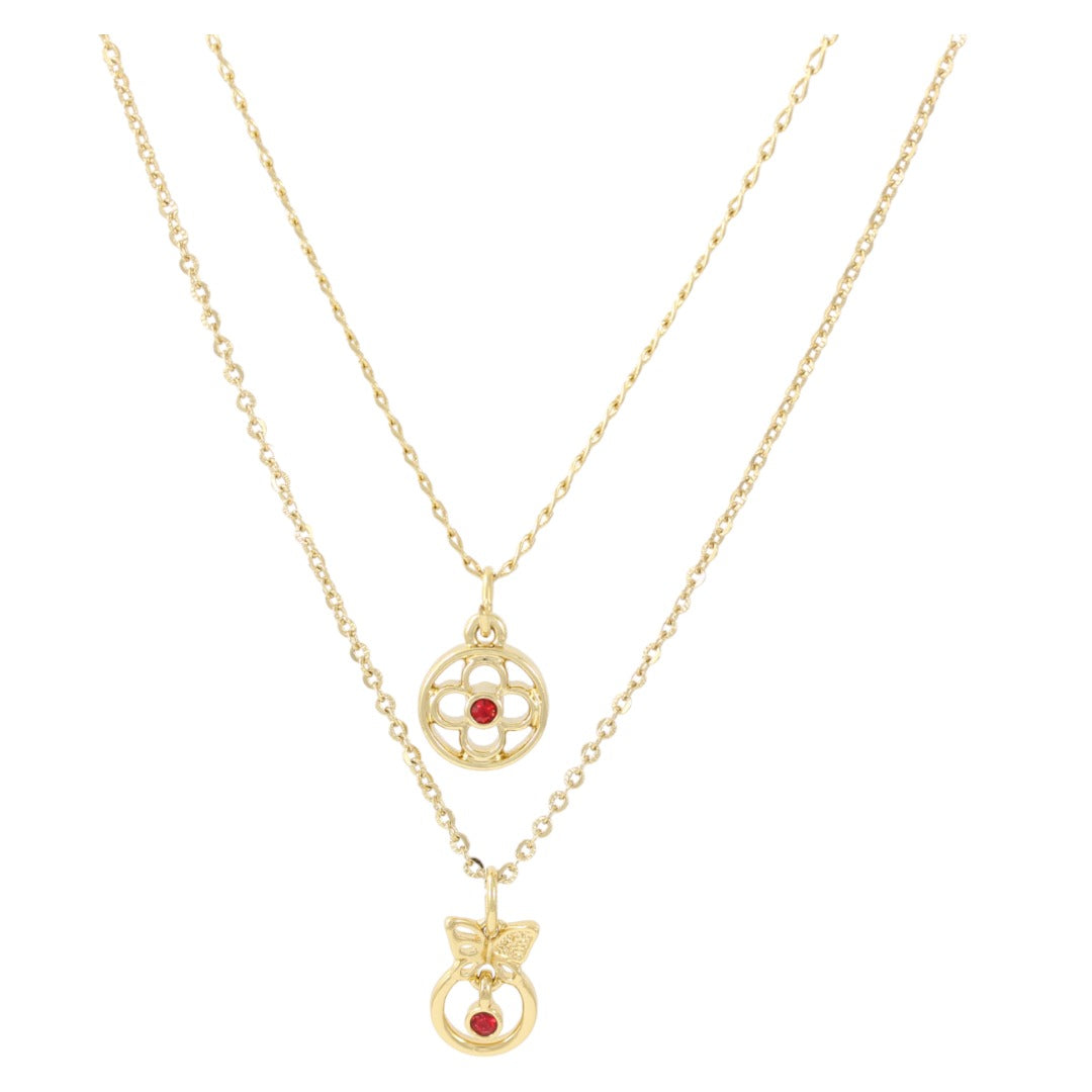 Double chain Flower & Butterfly with Red Zirconia Necklace Real Gold Plated 24k