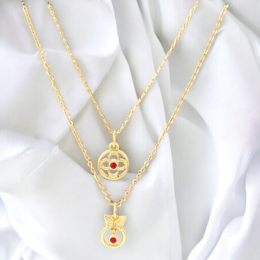 Double chain Flower & Butterfly with Red Zirconia Necklace Real Gold Plated 24k