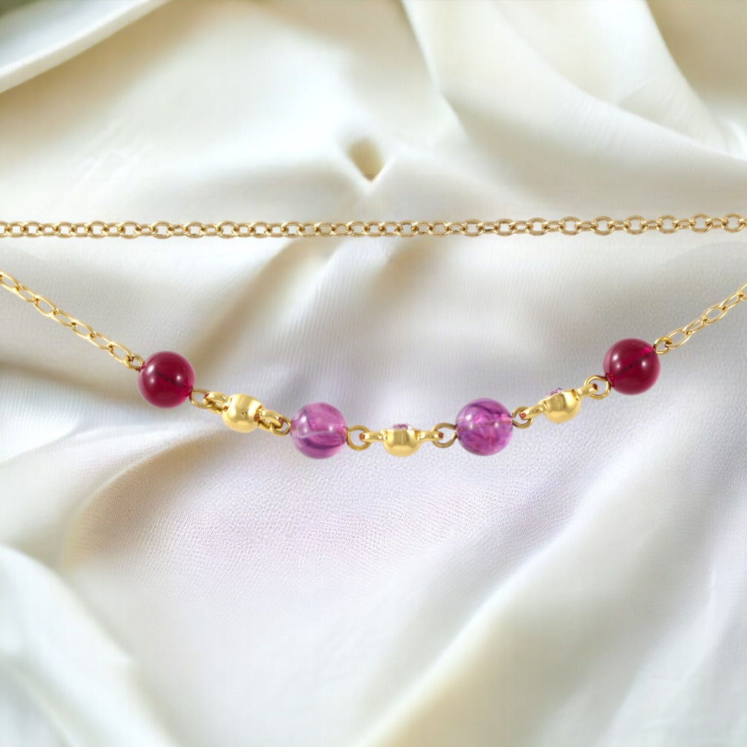 Elegant Double Chain Women's Purple Stones Bracelet Real Gold Plated 24K Handmade