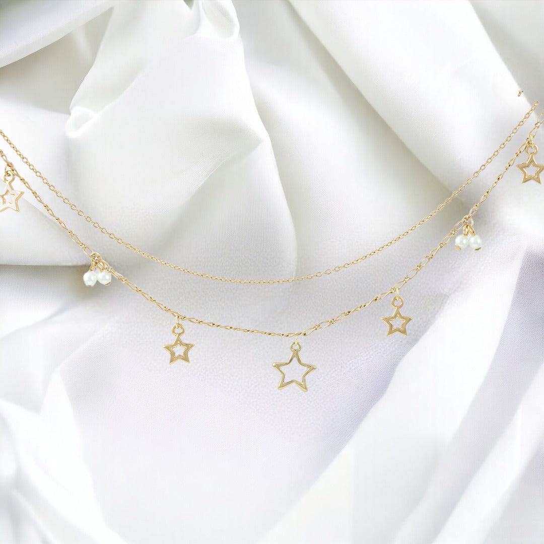 Anklet Stars & Blue pearls Real Gold Plated 24K