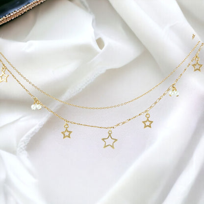 Anklet Stars & Blue pearls Real Gold Plated 24K