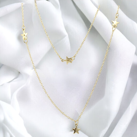 Double Chain Necklace Stars Necklace Gold Plated 24K