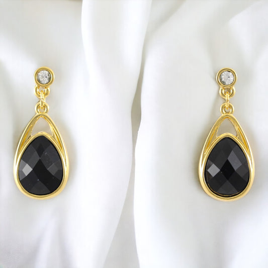 Fancy big Black Stone Earrings Gold Plated 24K Drop Earrings