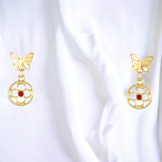 Butterfly with red Zircons Drop Earrings Gold Plated 24K