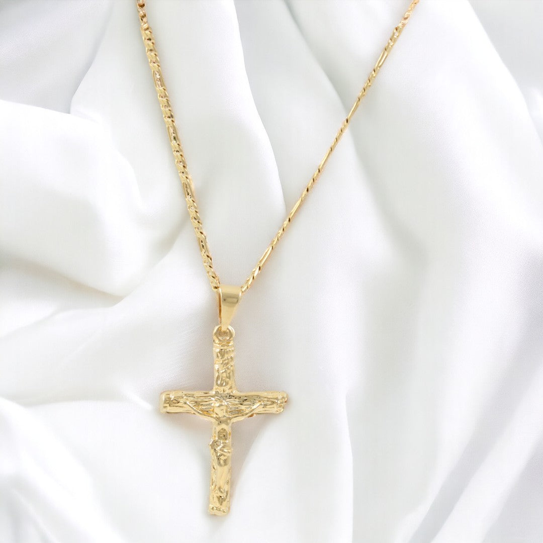 Men's Rustic Crucifix Figaro Chain 20'' Necklace Real Gold Plated