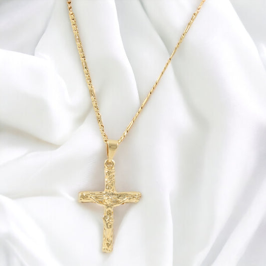 Men's Rustic Crucifix Figaro Chain 20'' Necklace Real Gold Plated