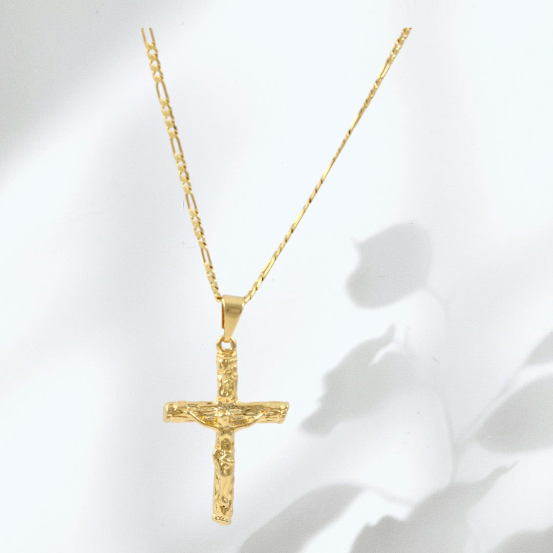 Men's Rustic Crucifix Figaro Chain 20'' Necklace Real Gold Plated