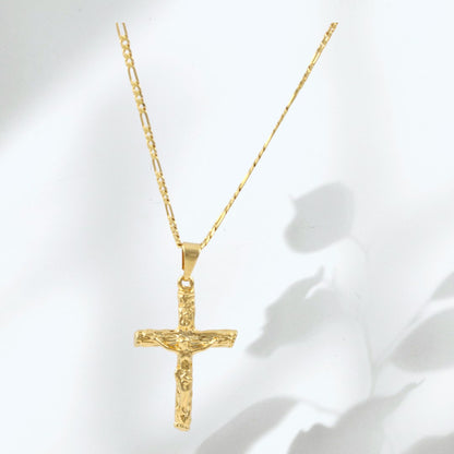 Men's Rustic Crucifix Figaro Chain 20'' Necklace Real Gold Plated