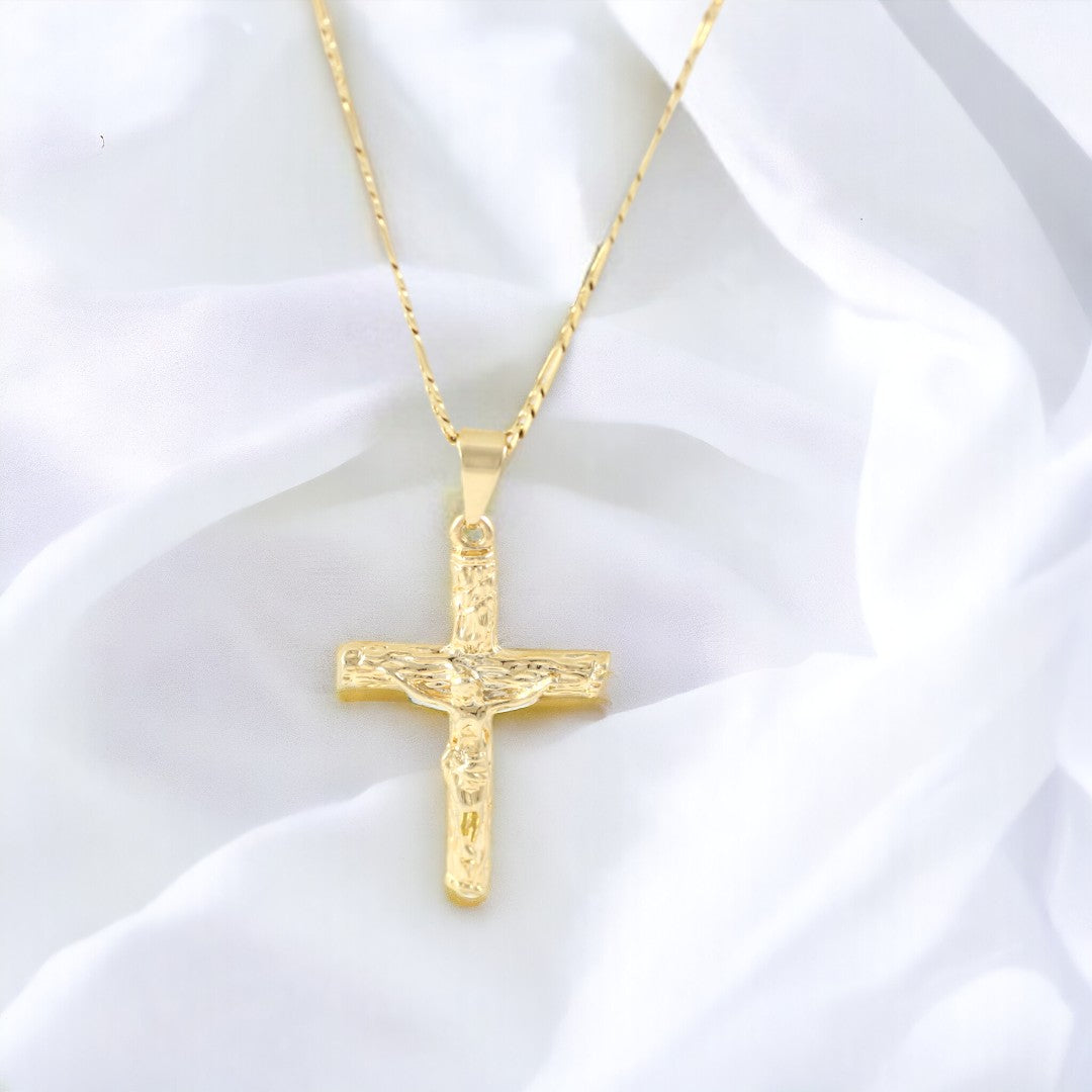 Men's Rustic Crucifix Figaro Chain 20'' Necklace Real Gold Plated