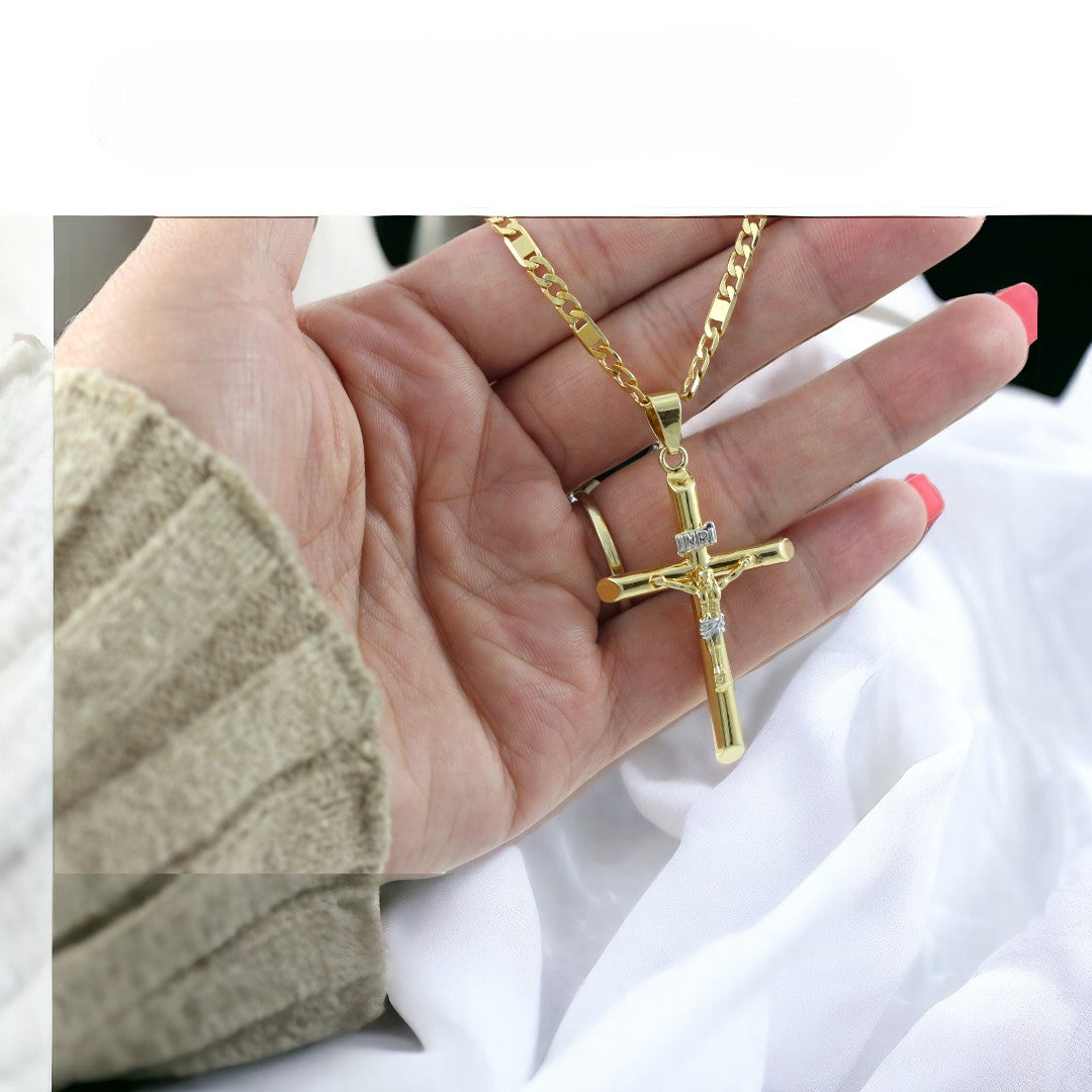 Crucifix Figaro Chain 24" Necklace Real Gold Filled 18K