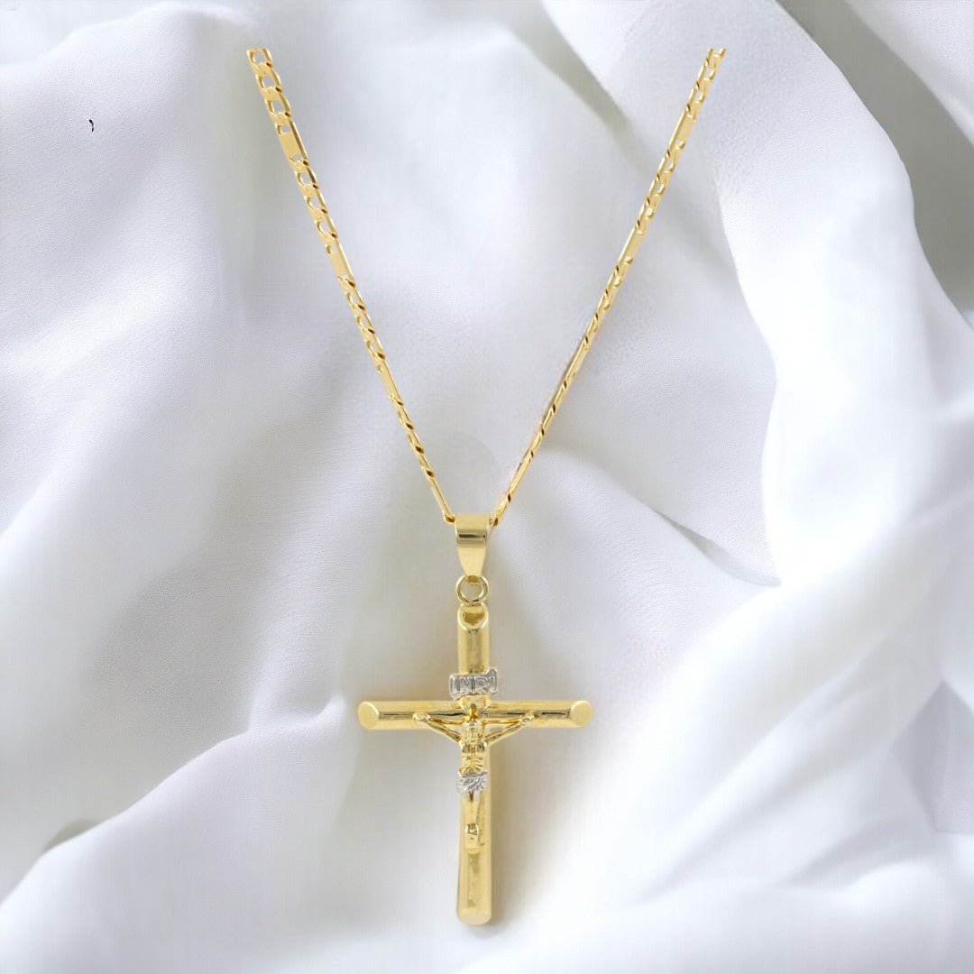 Crucifix Cuban Figaro Chain 20" Necklace Real Gold Filled 18K