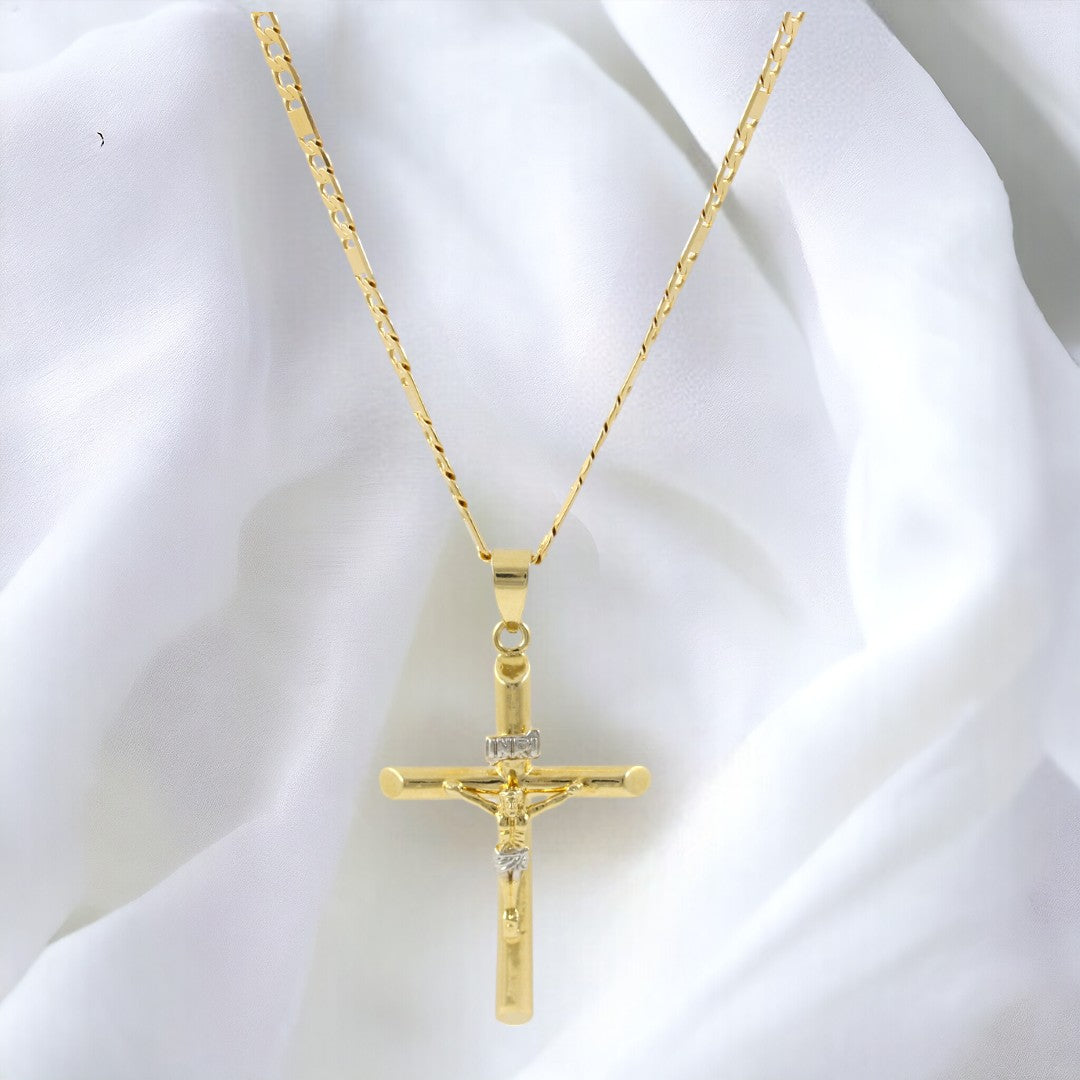 Crucifix Cuban Figaro Chain 20" Necklace Real Gold Filled 18K