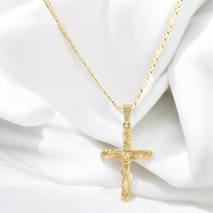 Men's Rustic Crucifix Figaro Chain 20'' Necklace Real Gold Plated