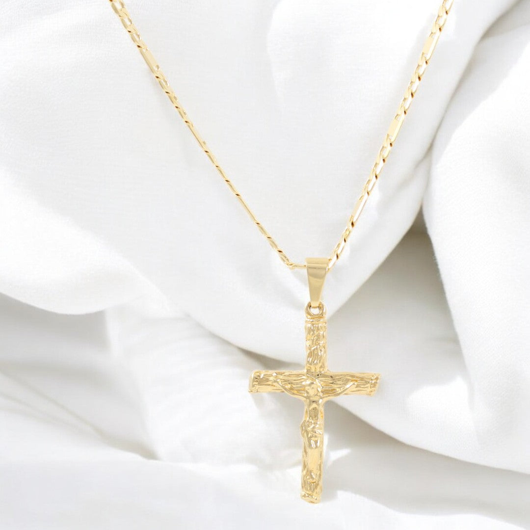 Men's Rustic Crucifix Figaro Chain 20'' Necklace Real Gold Plated