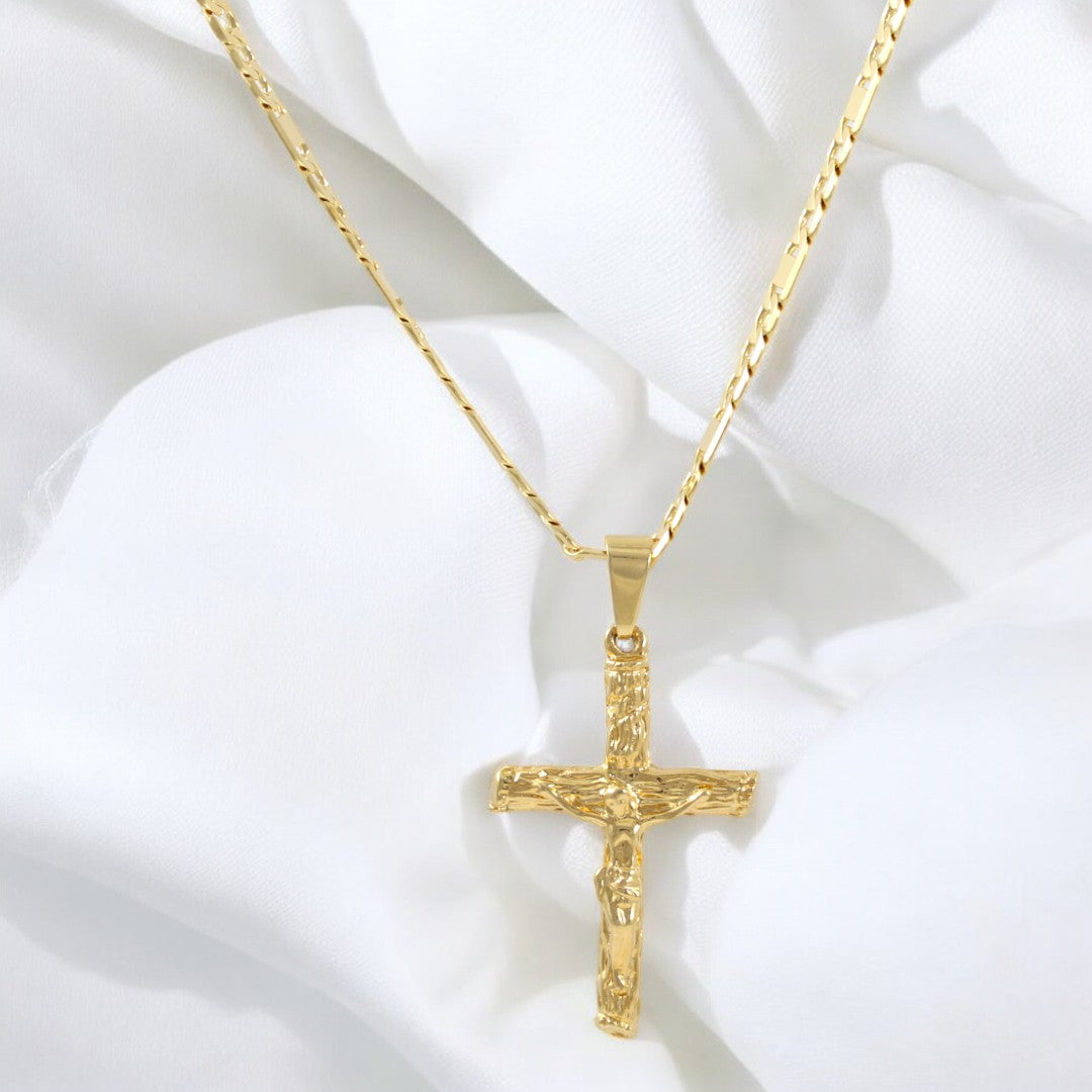 Men's Rustic Crucifix Figaro Chain 20'' Necklace Real Gold Plated