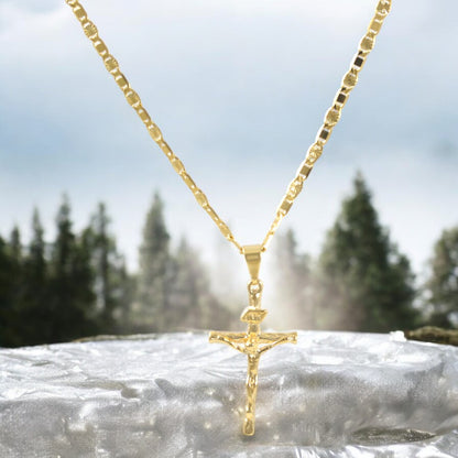 Men's Rustic Crucifix Figaro Chain 20'' Necklace Real Gold Plated