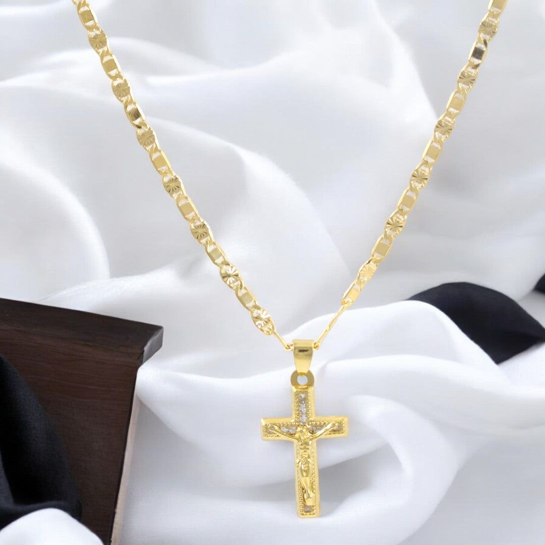 Zircon Crucifix Valentino Chain 20'' Necklace Real Gold Filled 18K