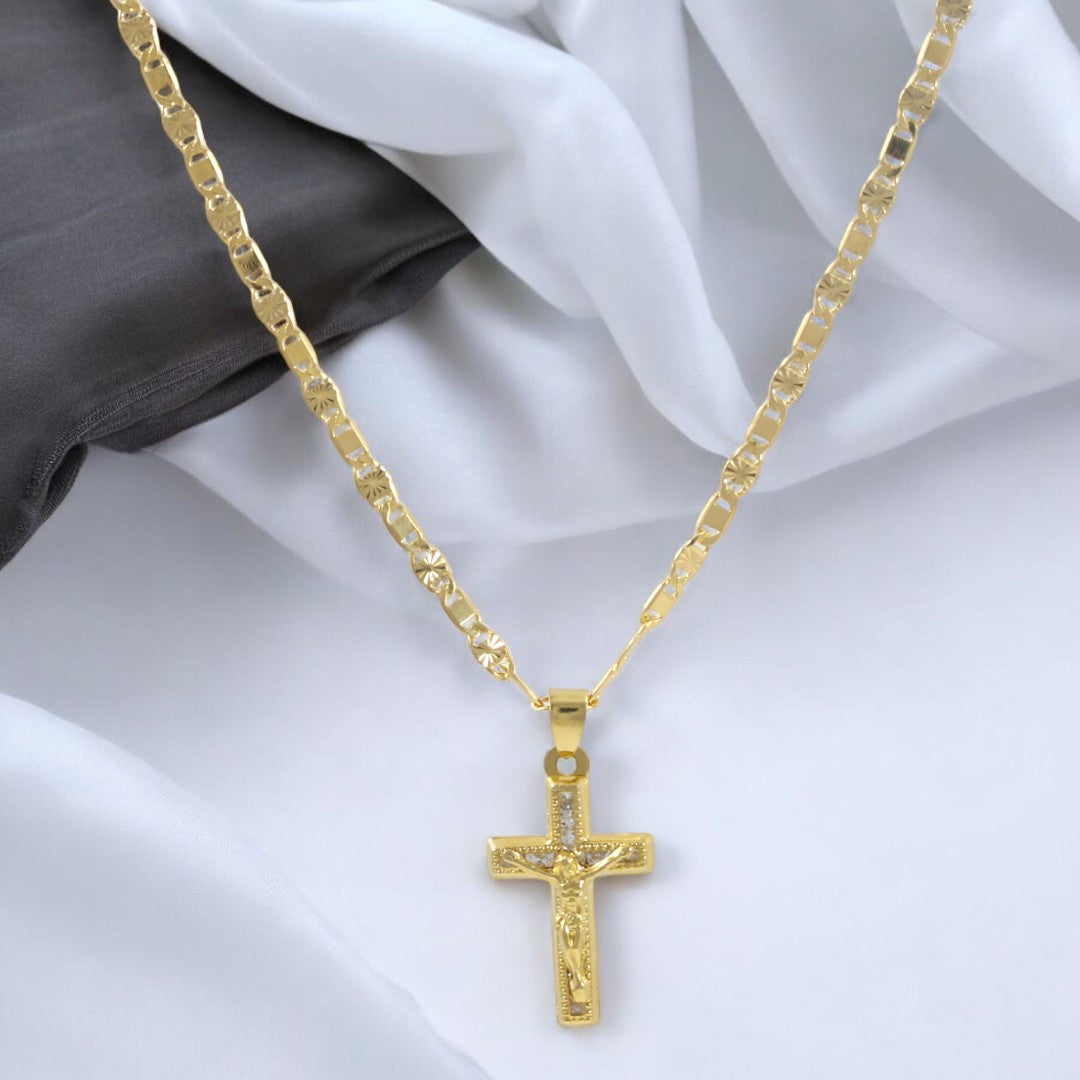 Zircon Crucifix Valentino Chain 20'' Necklace Real Gold Filled 18K