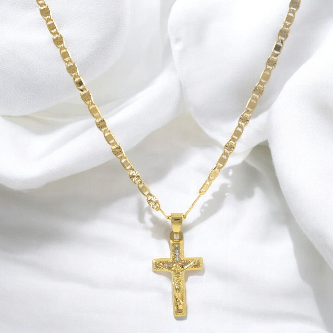 Zircon Crucifix Valentino Chain 20'' Necklace Real Gold Filled 18K