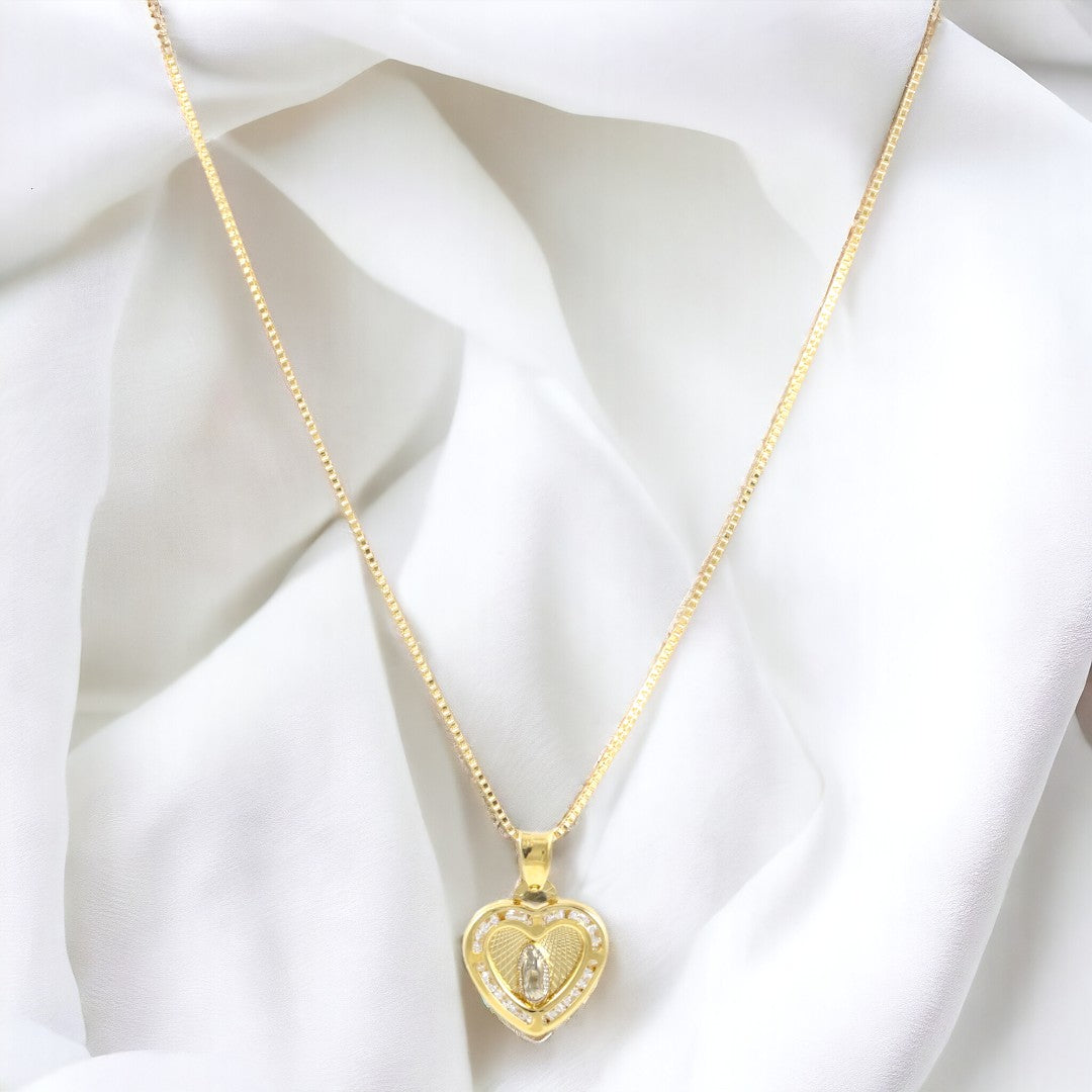 Heart Blessed Virgin Mary Valentino Chain 20'' Necklace Real Gold Filled 18K