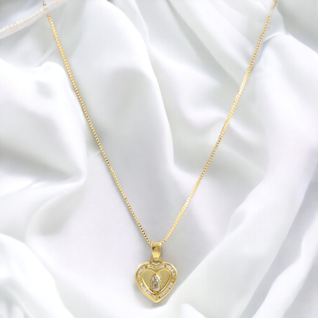 Heart Blessed Virgin Mary Valentino Chain 20'' Necklace Real Gold Filled 18K