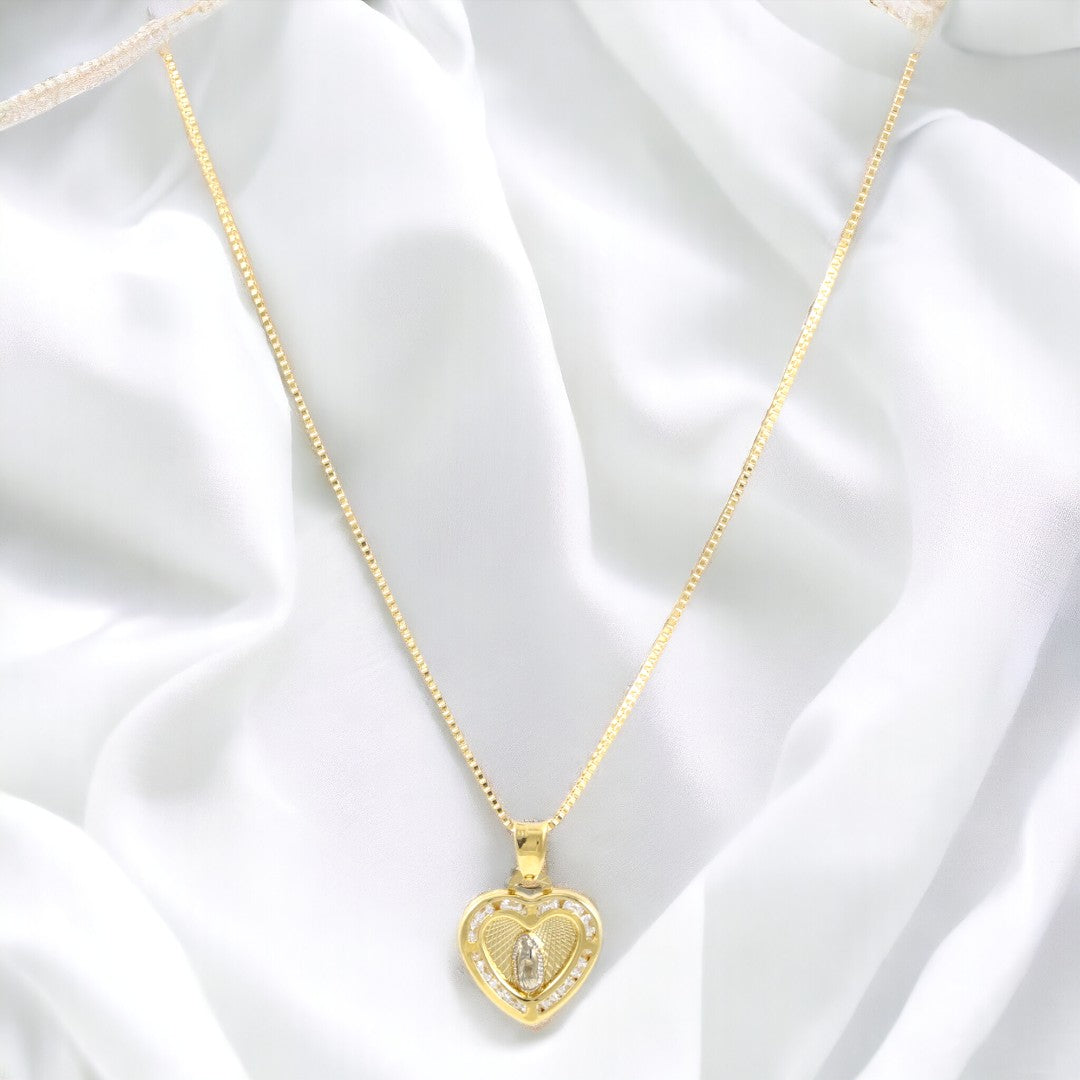 Heart Blessed Virgin Mary Valentino Chain 20'' Necklace Real Gold Filled 18K