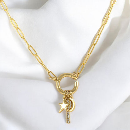 Paper Clip Moon & Star Necklace Gold Plated 24K