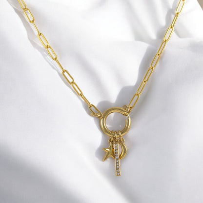 Paper Clip Moon & Star Necklace Gold Plated 24K