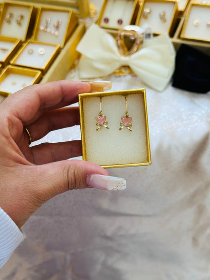 Pink Heart an bow dangle earrings 24K Gold Plated