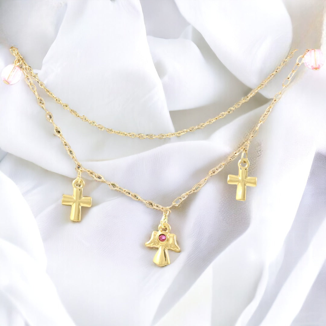 Handmade Anklet Guardian Angel & Cross Real Gold Plated 24K