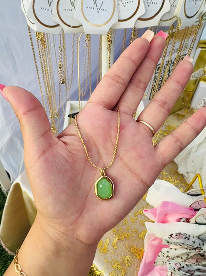 Natural Green Stone Necklace Gold Plated 24K